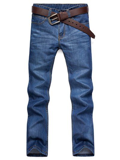 

Casual Straight Leg Cat's Whisker Patch Pocket Fitted Men's Zipper Fly Jeans, Deep blue