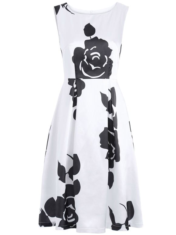 Imprimé floral manches robe col rond - Blanc et Noir XL