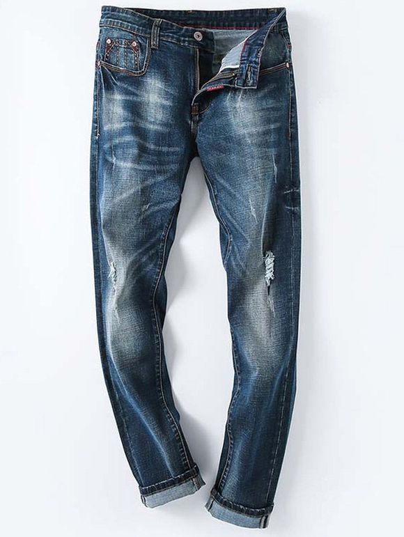 Hole et Cat  's Whisker Agrémentée Men ' Plus Size striaght Leg Zipper Fly Jeans - Bleu Toile de Jean 42