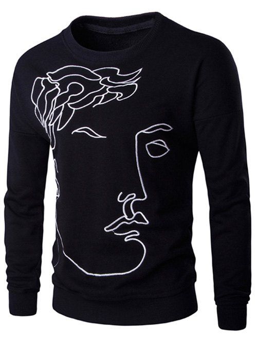 Broderie Silhouette Col Rond Pull Manches Longues Pour Hommes - Noir 2XL