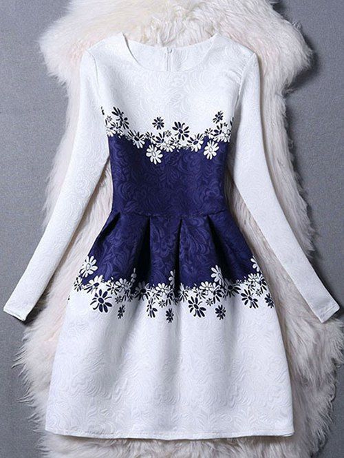 Robe patineuse à manches longues élégant floral brodé pour les femmes - Blanc XL