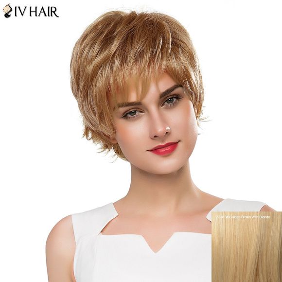 Vogue court réel humain Fluffy Cheveux raides Layered Siv cheveux capless perruque pour les femmes - Brun d'Or avec Blonde 