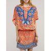Bohemian Women's Jewel Neck Floral Print Dress - Saumon Foncé L