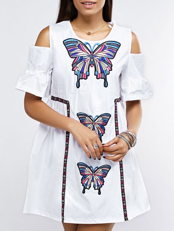 Open Shoulder Bell Sleeve Butterfly Embroidered Dress - Blanc ONE SIZE(FIT SIZE XS TO M)