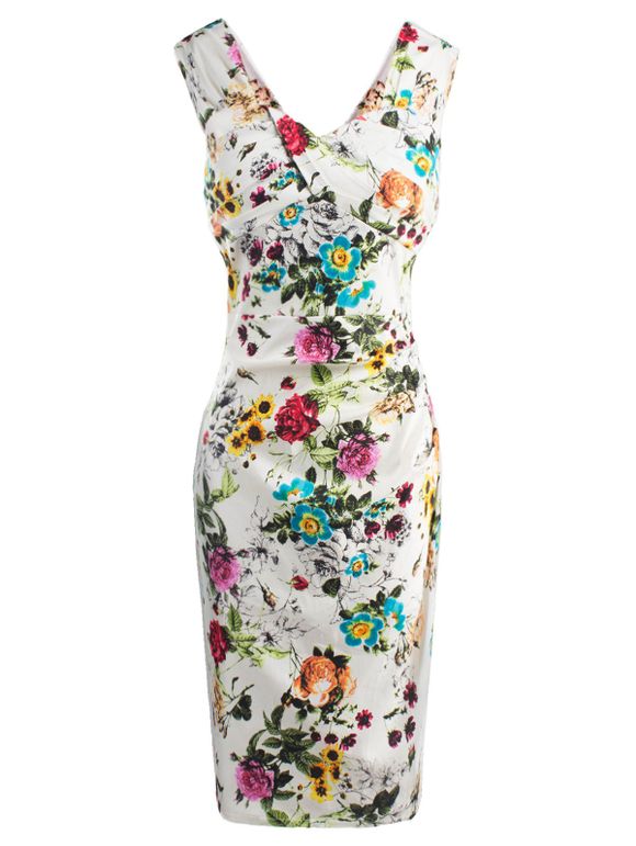 Robe Moulante Mi-longue Imprimée Florale Zippée à Col en V - Blanc XL