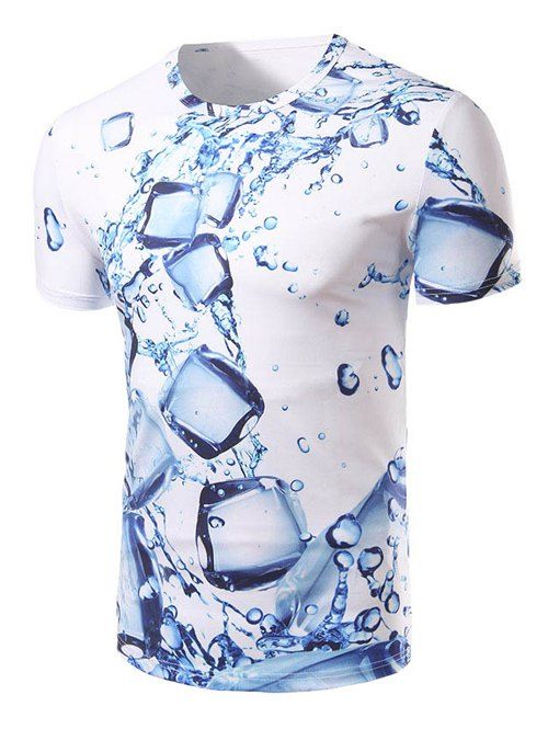 Men 's  Collar 3D T-shirt Ice Cube Impression Mode Ronde - Blanc L
