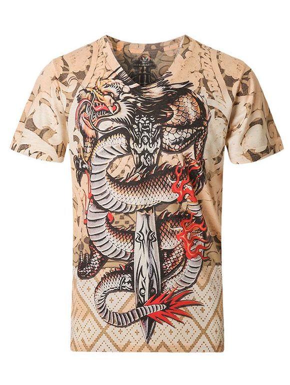 3D Dragon et T-shirt de motif géométrique V-cou à manches courtes Plus Size Hommes - multicolore 3XL
