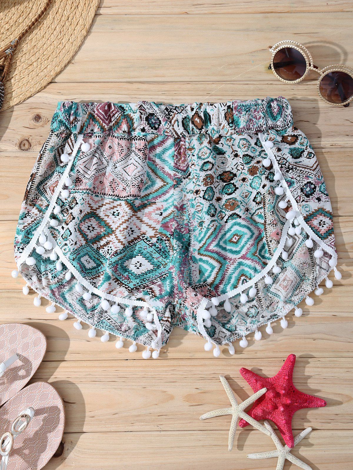 [41% OFF] 2021 Elastic Waist Print Stylish Pompon Trim Women's Shorts ...