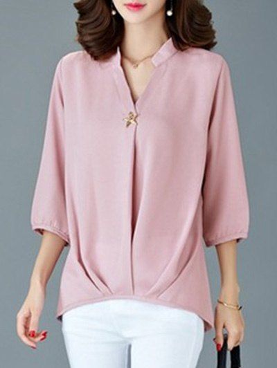

Elegant 3/4 Sleeve V-Neck Women's Loose Blouse, Pink