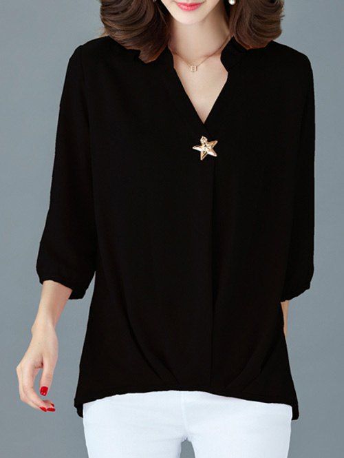 

Elegant 3/4 Sleeve V-Neck Women's Loose Blouse, Black