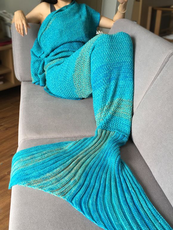 Crochet Stripe Pattern Mermaid Tail Shape Bedding Blanket - LAKE BLUE 