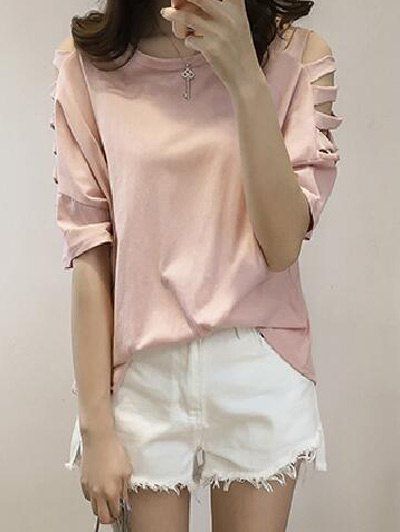 Stylish Round Neck Hollow Out Sleeve Women's T-Shirt - Rose 4XL