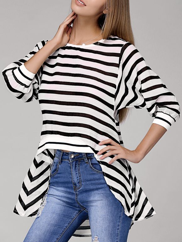 Chic Batwing Sleeve Asymmetrical Striped Women's T-Shirt - Rayure XL