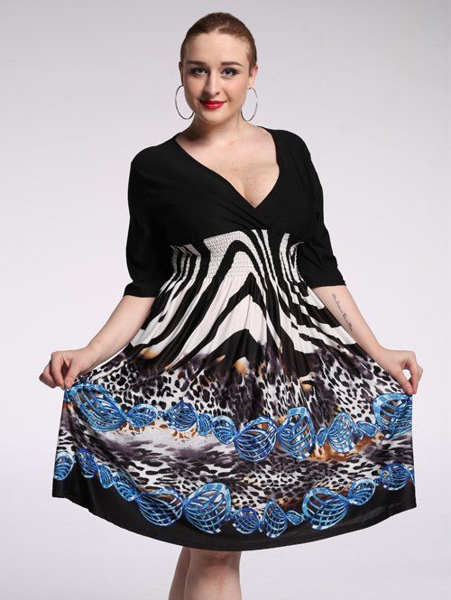 

Attractive Plunging Neck Half Sleeve Leopard Print Dress For Women, Black