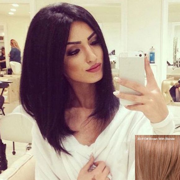 Faddish Women\'s Long Natural Straight Side Parting Lace Front Human Hair Wig - BROWN/BLONDE 