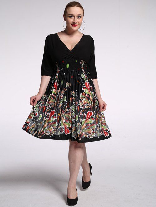 

Plus Size Plunging Half Sleeve Floral Low Cut Skater Dress, Black