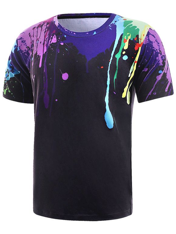 T-Shirt à Col Rond d'Impression de Peinture Eclaboussure Colorée - Noir 2XL
