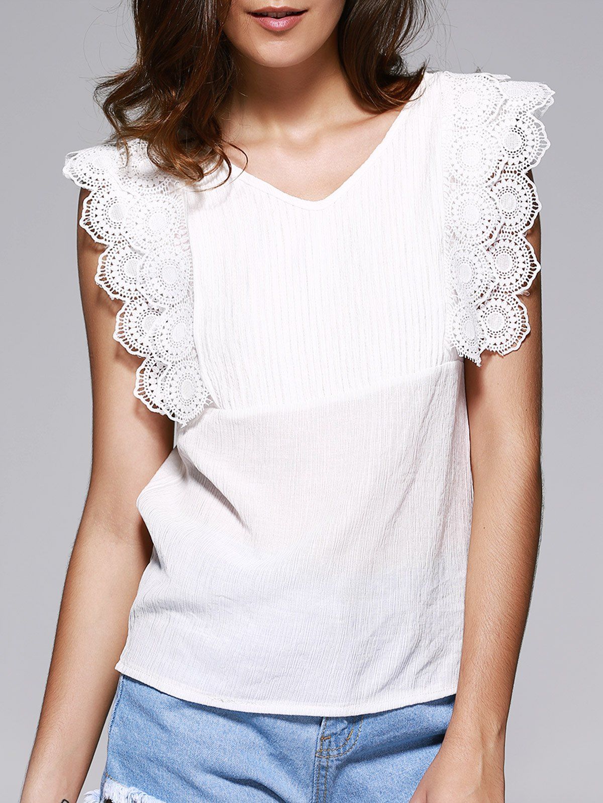 

Fashionable Lace Spliced Cap Sleeve V-Neck White Tee For Women