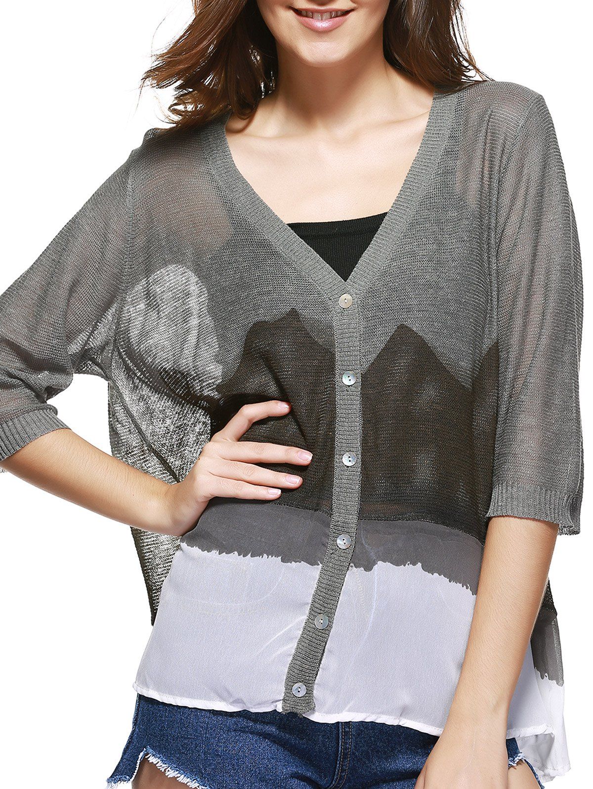 

Trendy Women's V-Neck Half Sleeves Ink Painting Print Cardigan, Smoky gray