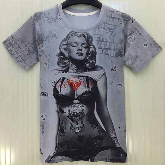 3D Marilyn Monroe Imprimer T-shirt minceur col rond manches courtes hommes - Gris M