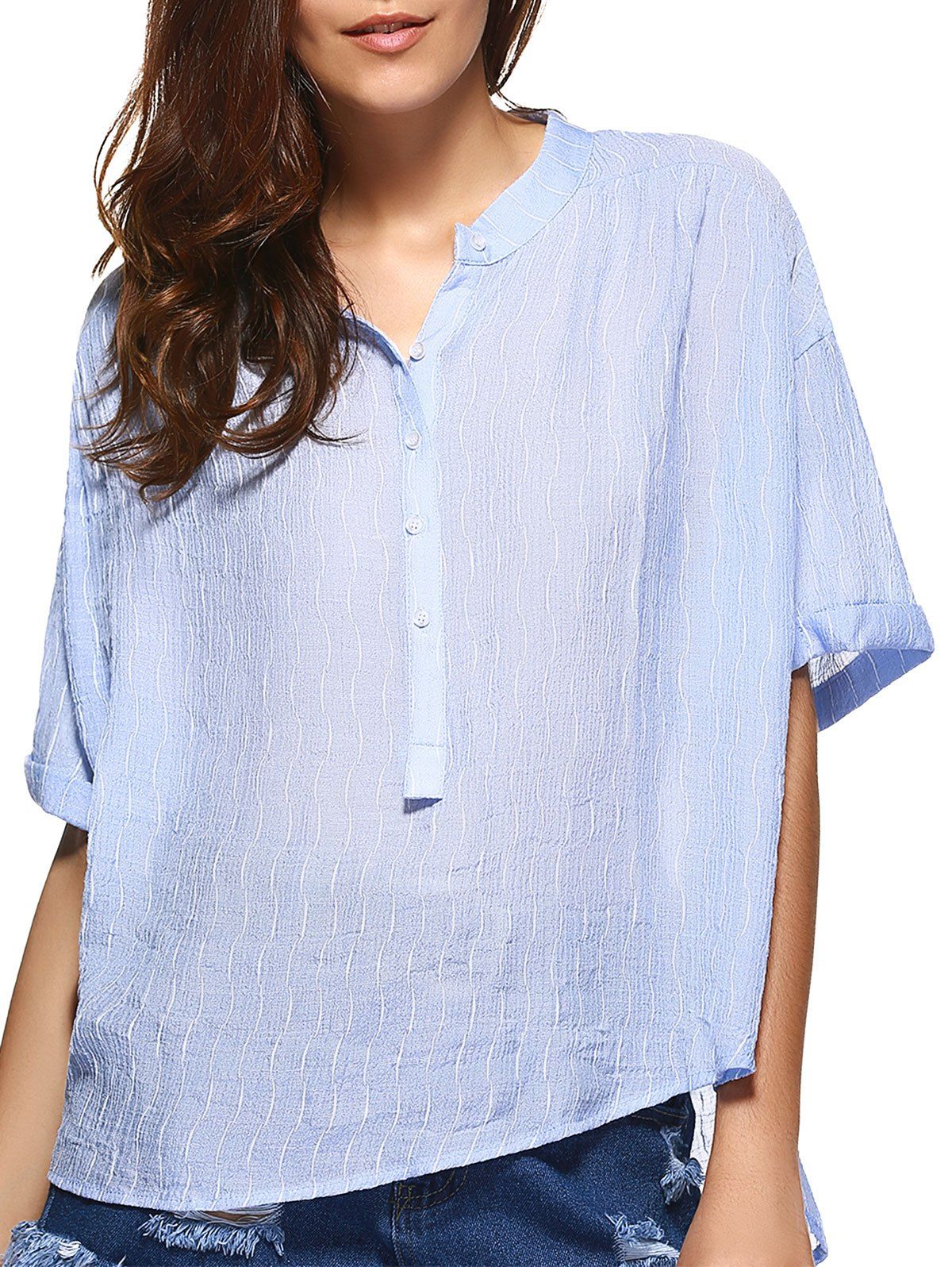 band collar loose fitting embroidery blouses