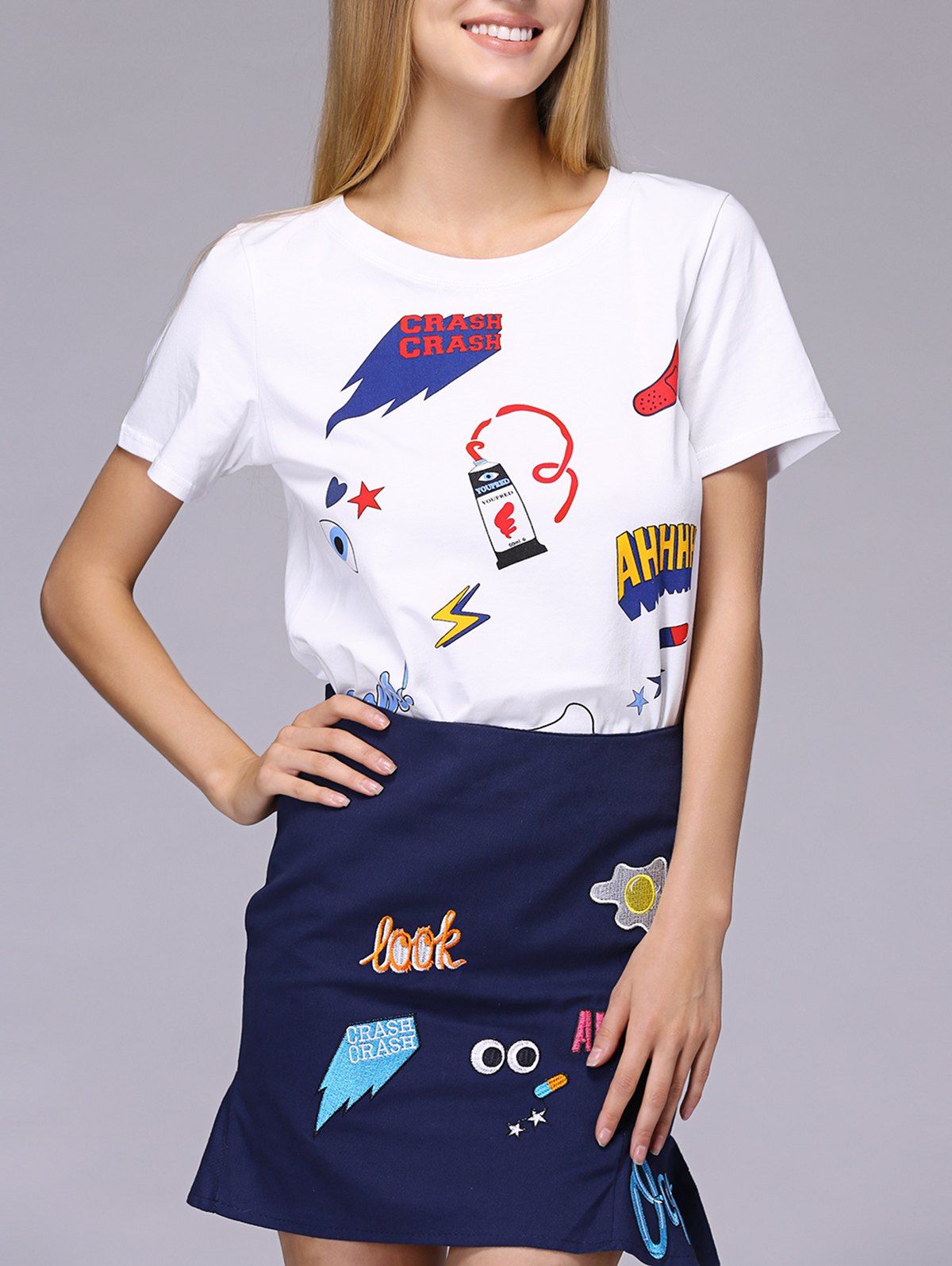 

Cute Printed T-Shirt + Embroidery High-Waisted Mermaid Skirt Women's Twinset, White