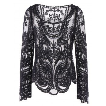 [17% OFF] 2022 Semi Sexy Sheer Sleeve Embroidery Floral Lace Crochet ...