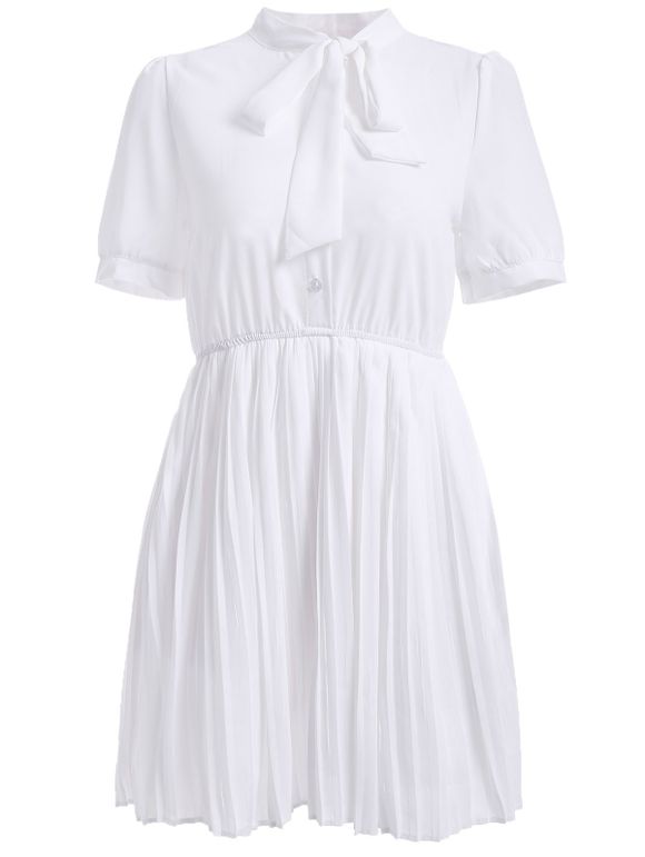 Casual Women's Solid Color Stand Neck Tie Short Sleeves Chiffon Pleated Dress - Blanc ONE SIZE(FIT SIZE XS TO M)