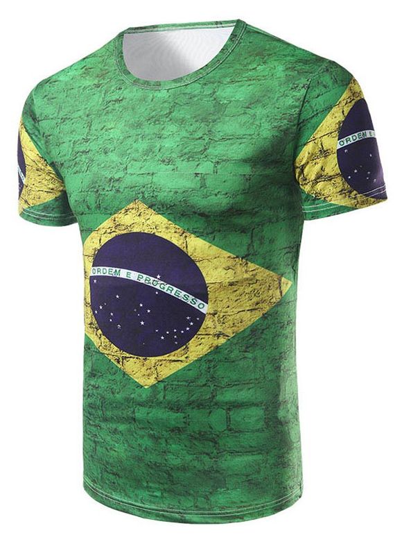 T-Shirt Men 's  Casual manches courtes brésilienne Drapeau imprimé - Vert 2XL
