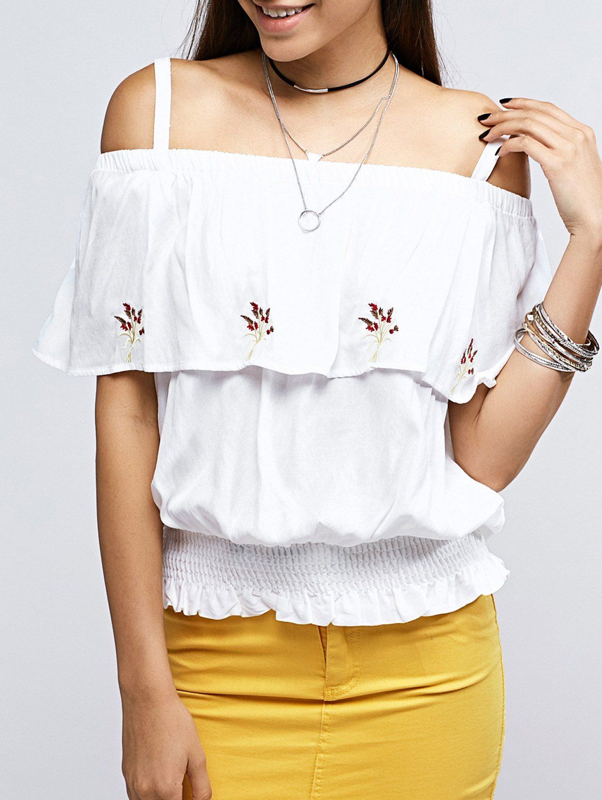 

Sweet Women's White Cold Shoulder Floral Embroidered Blouse