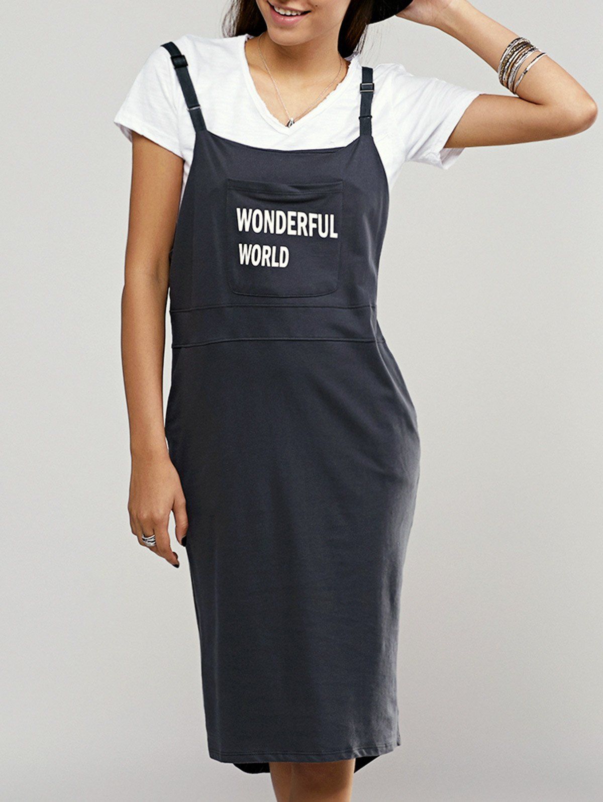 

Front Pocket Letter Pattern Suspender Dress, Gray