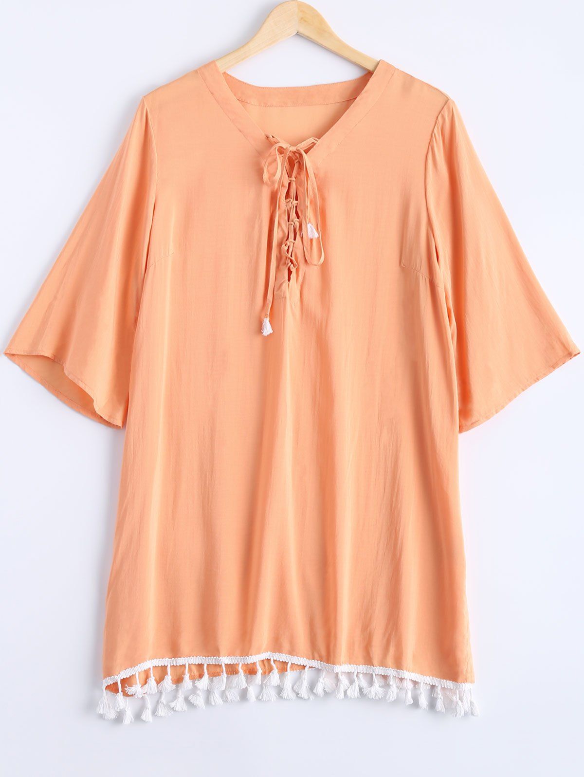 

Simple Women's Lace Up Tassel 3/4 Sleeve Dress, Orangepink