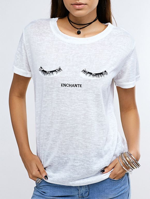 Motif blanc Jewel Neck Cils T-Shirt Femme Trendy  's manches courtes - Blanc ONE SIZE(FIT SIZE XS TO M)