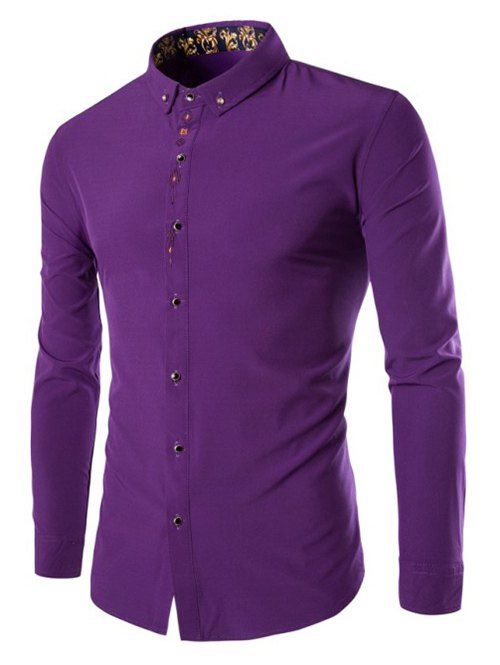 Men's Button-Down Collar Solid Color Long Sleeve Shirt - Pourpre 3XL