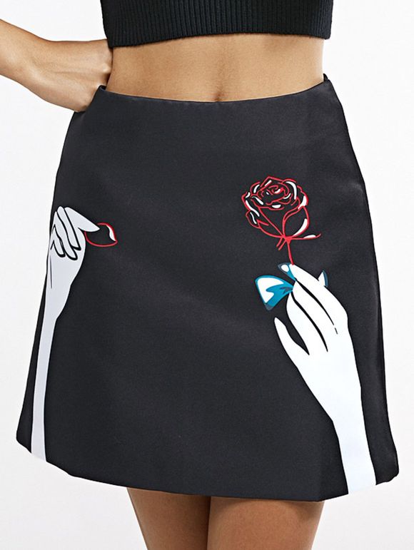 Stylish Women's Print Zip A-Line Skirt - Noir M