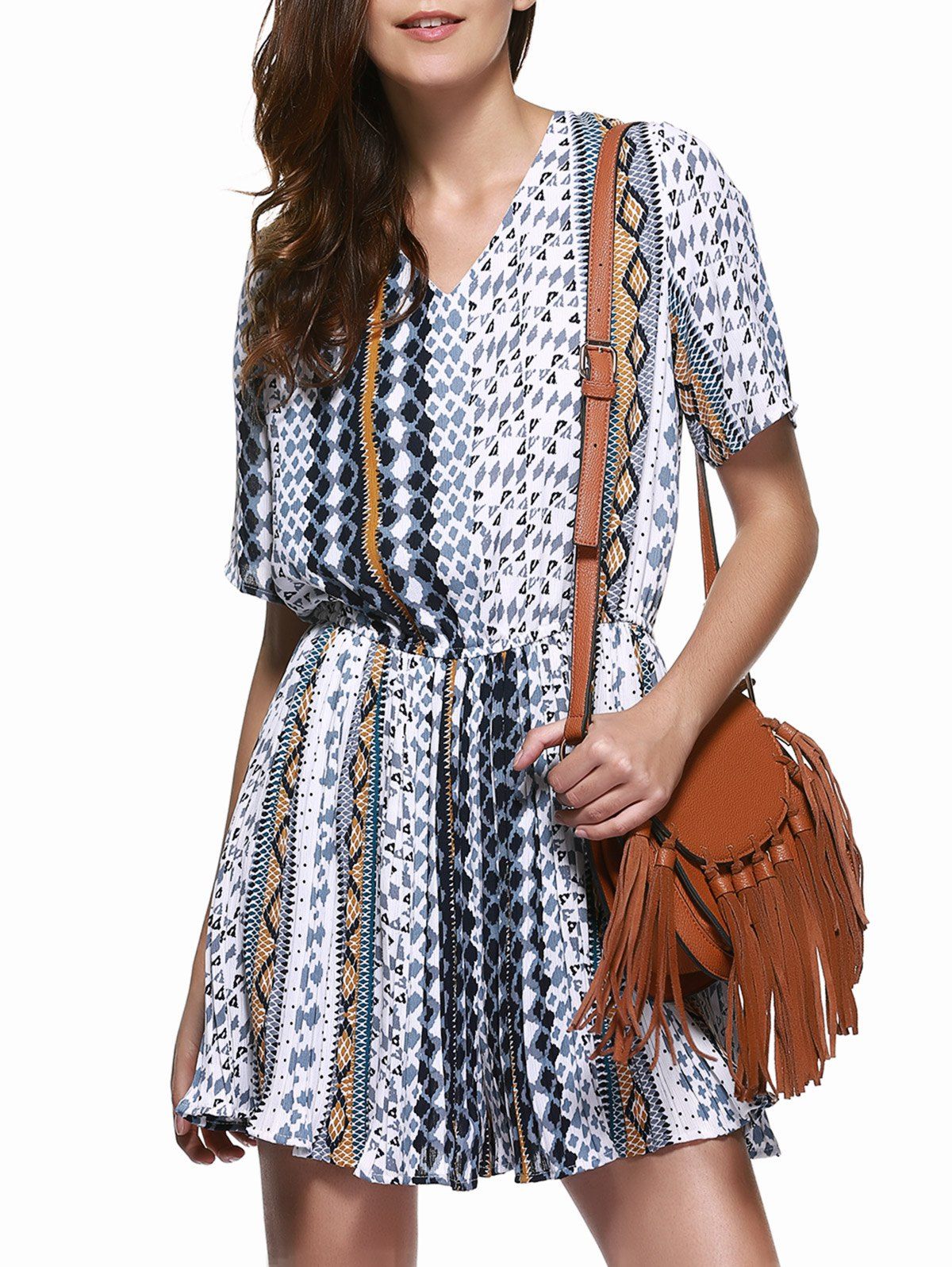 

Chic V-Neck Short Sleeve Geometric Print Romper For Women, Colormix