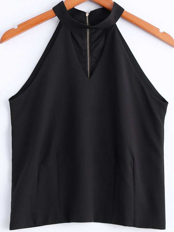 Solide Couleur Jewel Neck Cut Out Zipper Fly Top sans manches de femmes élégantes - Noir M