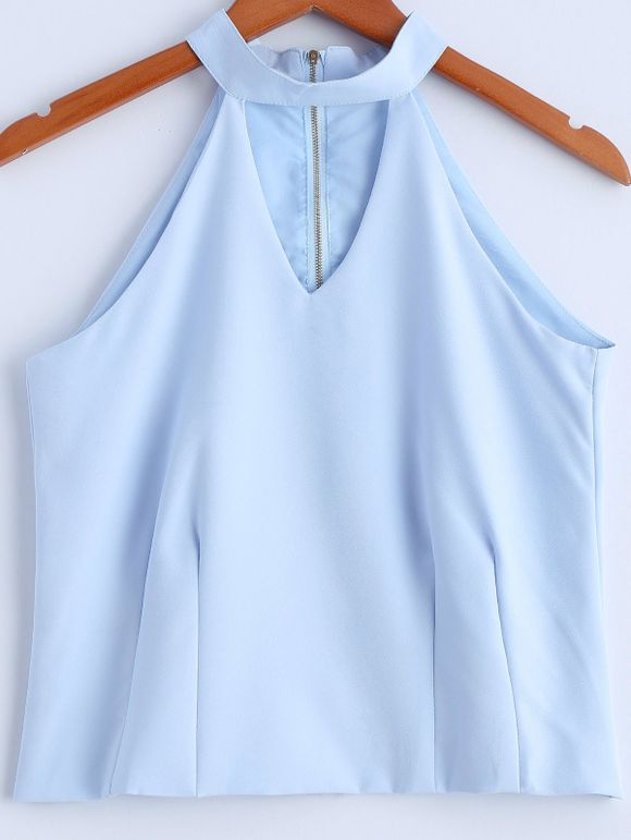 Solide Couleur Jewel Neck Cut Out Zipper Fly Top sans manches de femmes élégantes - Bleu clair M