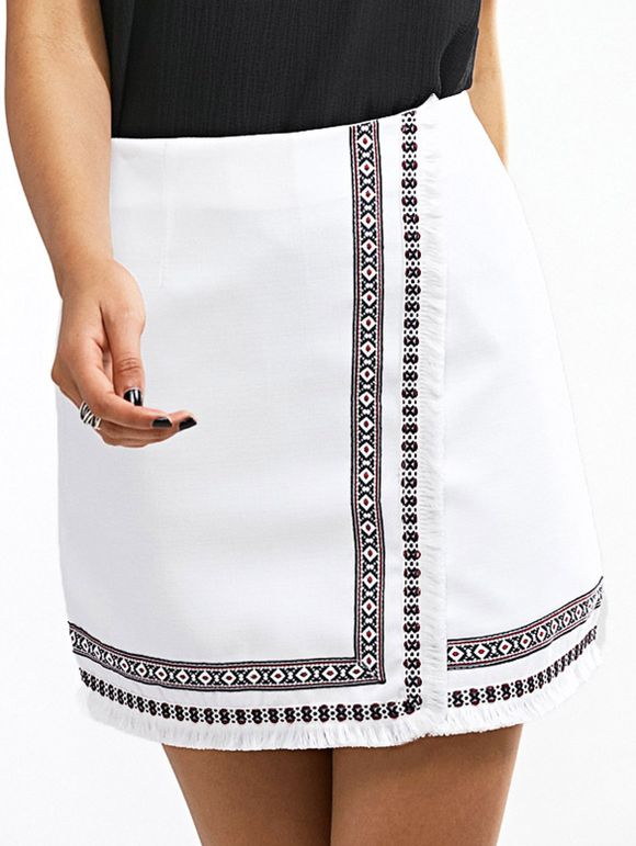 Ethnic Women's Embroidered Fringed Skirt - Blanc L