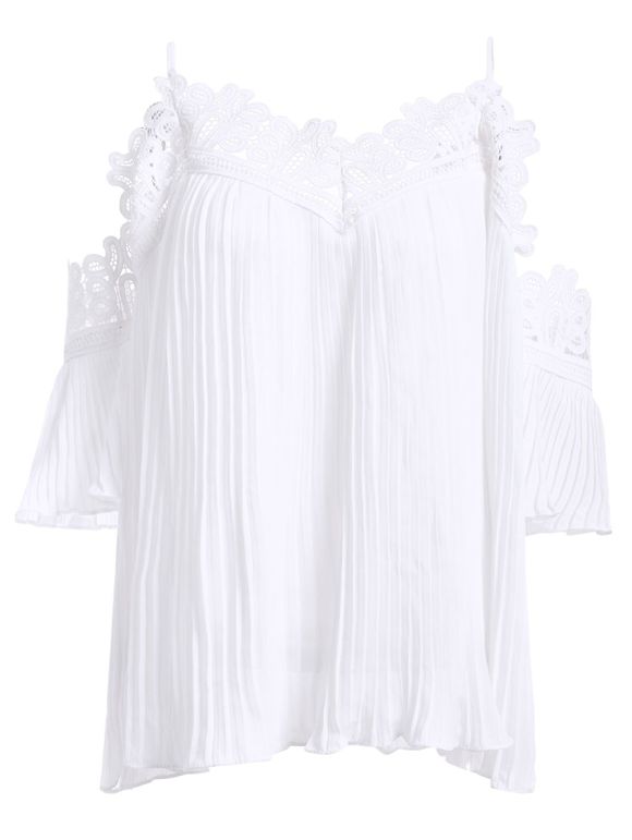 Loose-Fitting Women's Openwork Ruffles Spaghetti Strap Blouse - Blanc ONE SIZE(FIT SIZE XS TO M)