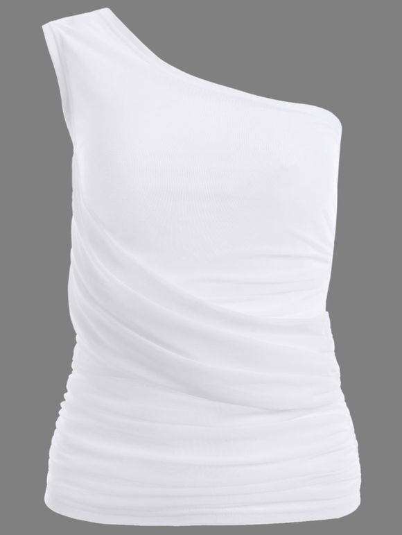 Stylish Women's Solid Color Ruffles Voile One-Shoulder Top - Blanc M