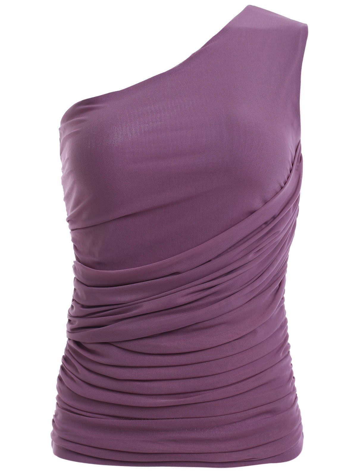 

Stylish Women's Solid Color Ruffles Voile One-Shoulder Top, Purple
