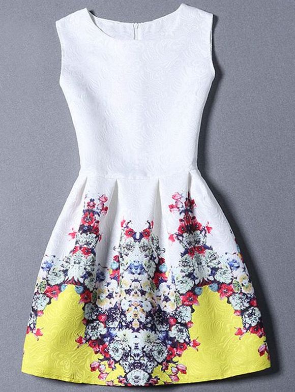 Robe Elégante Fleurie Imprimée en Blocs de Couleurs Sans Manches pour Femme - Jaune S
