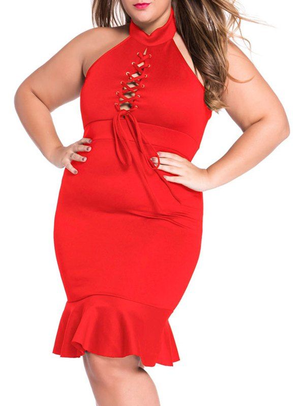 

Plus Size Lace Up Mermaid Prom Dress, Red