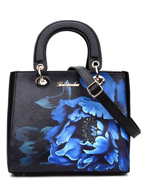 Graceful Fleur Imprimé et PU cuir design femme  's sac fourre-tout - Noir 