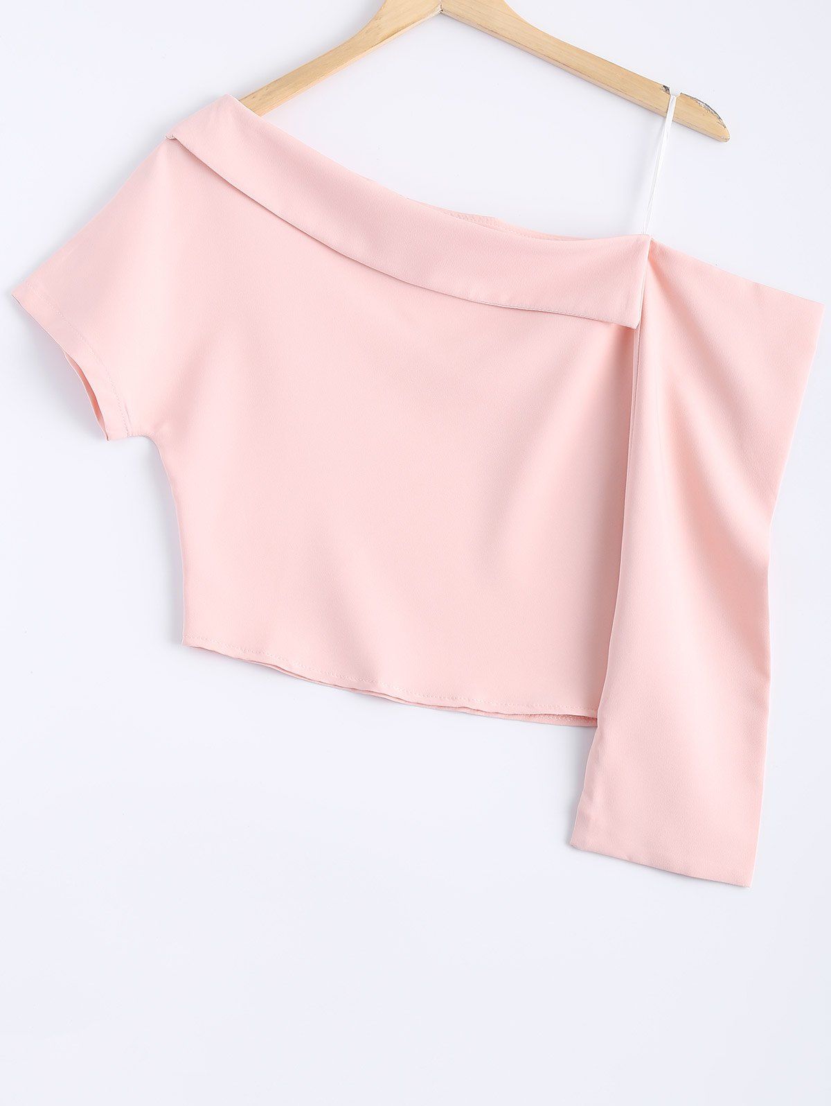 

Stylish Women's Solid Color Cold Shoulder Asymmetric Crop Top, Light pink