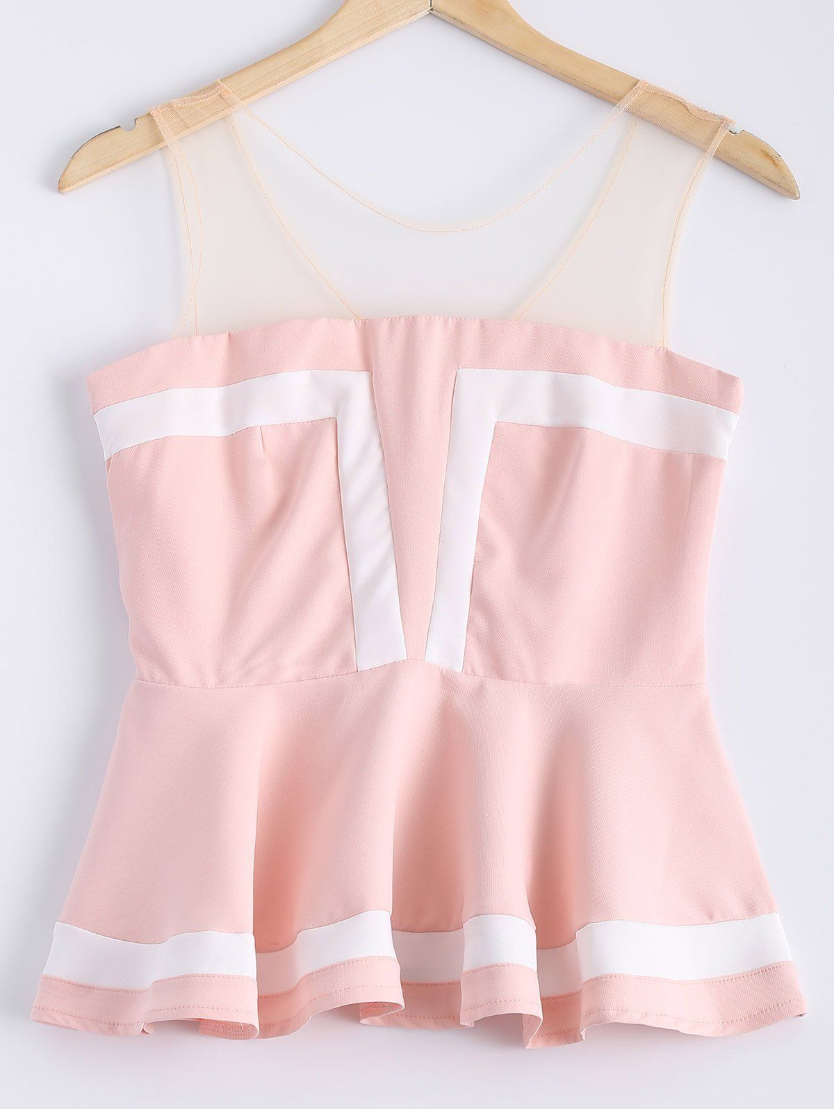 

Sweet Women's Scoop Neck Mesh Flounce Stitching Color Sleeveless Top, Light pink