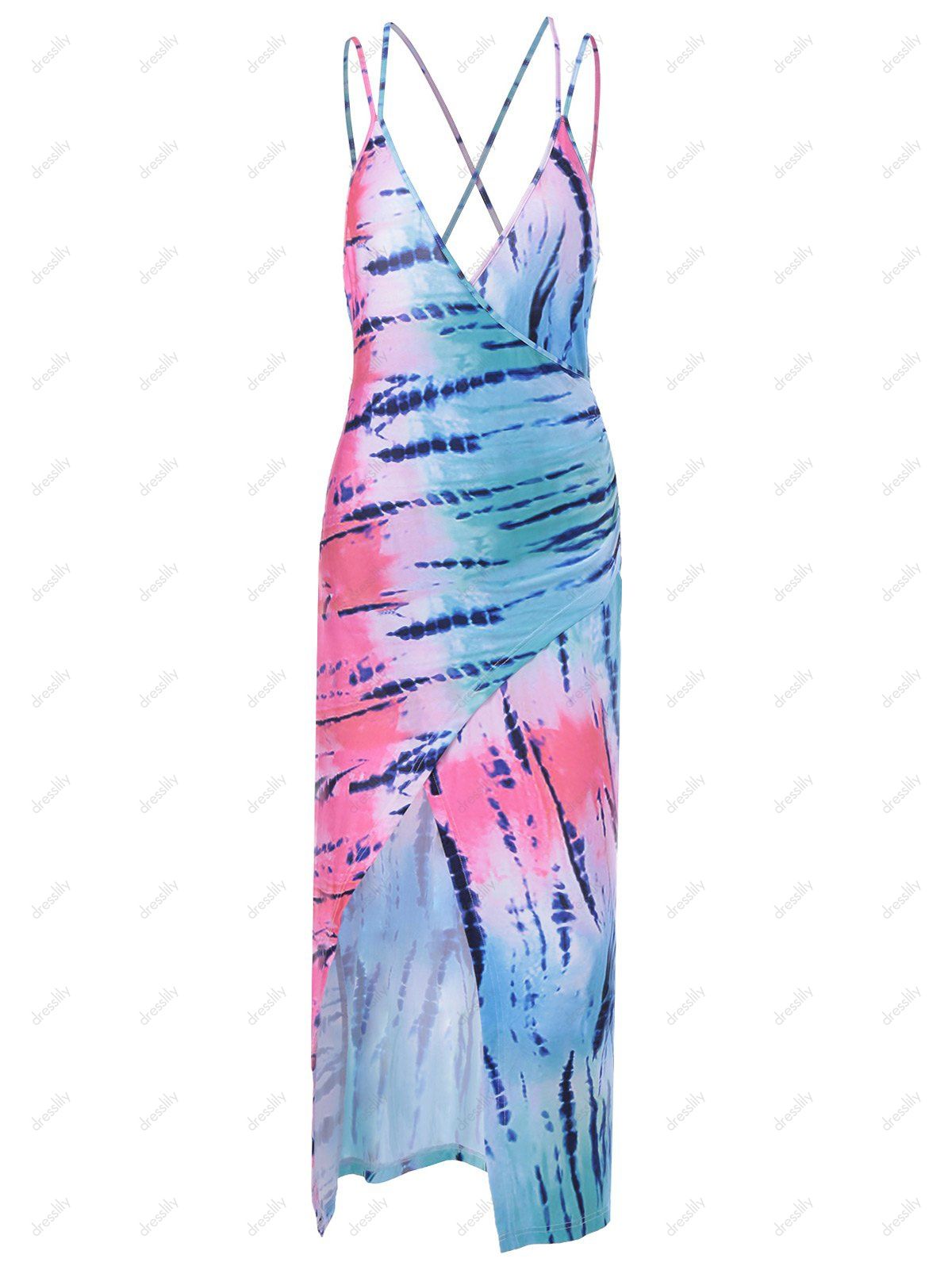 

Fashionable Asymmetric Backless Slit Spaghetti Strap Dress For Women, Colormix