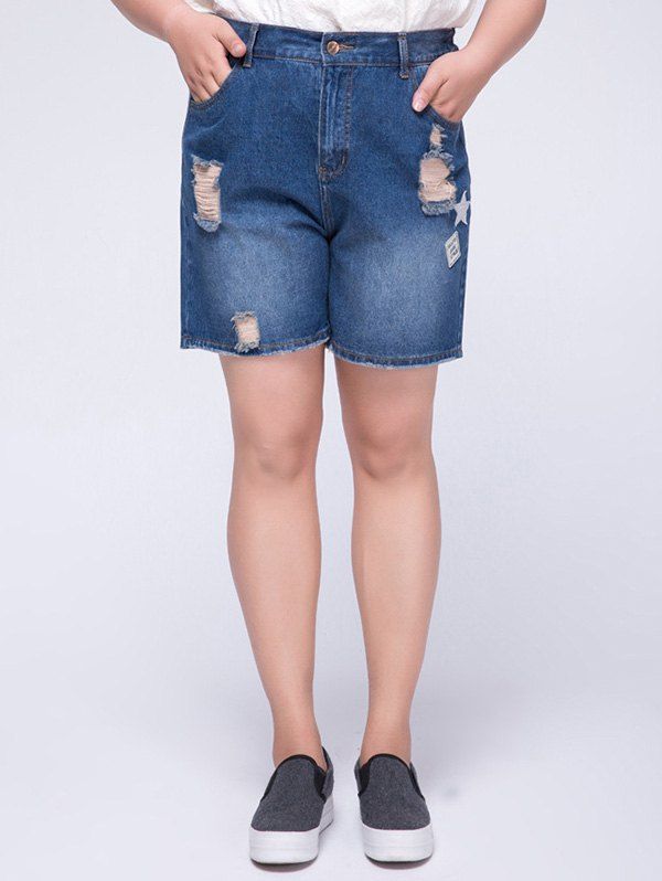 

Stylish Plus Size High Waist Appliqued Ripped Women's Shorts, Blue