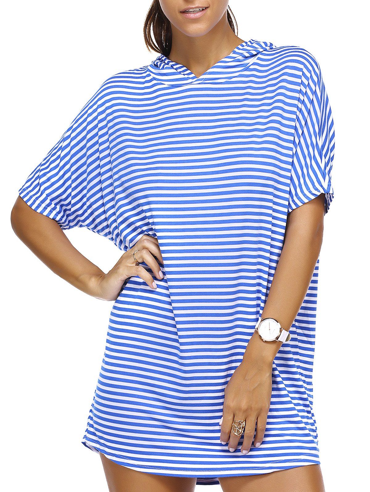 

Casual Short Sleeve Hooded Striped Loose-Fitting Dress For Women, Blue